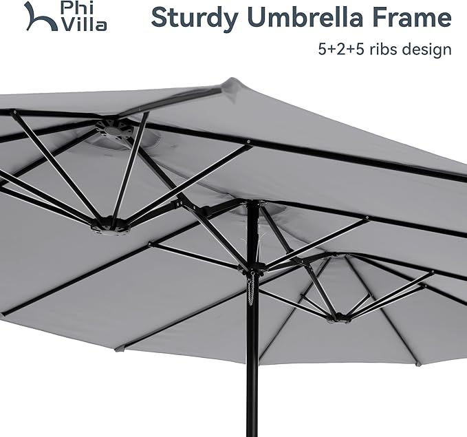PHI VILLA 15ft Large Patio Umbrellas with Base, Outdoor Double-Sided Rectangle Market Umbrella for Pool Lawn Garden, Light Gray