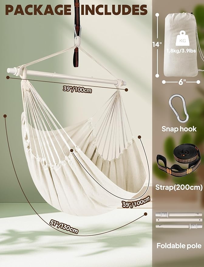 Chihee Hammock Chair Swing Chairs Strong Metal Collapsible Spreader Bar Portable Hanging Chair Max 500 lbs Comfy Seat Patio Lawn Cotton Blended for Superior Comfort Durability Indoor Outdoor