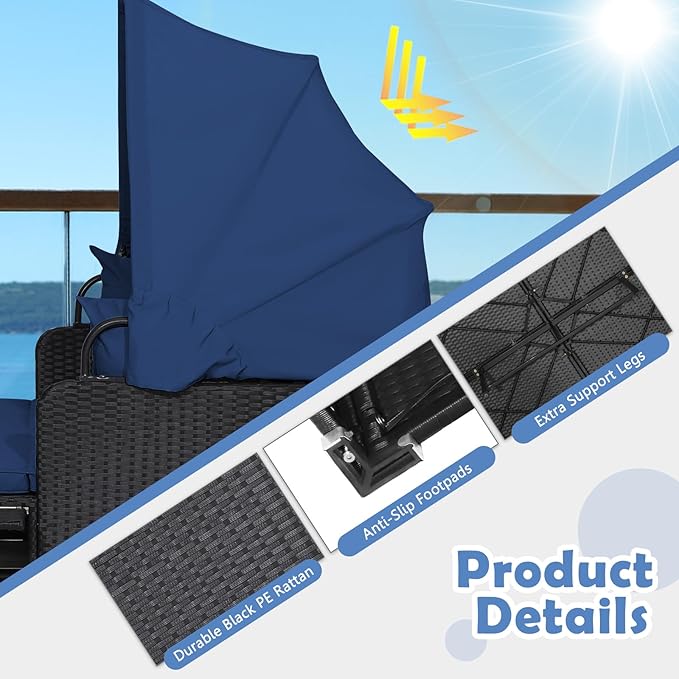 Tangkula Patio Rattan Daybed with Retractable Canopy, Outdoor Wicker Sunbed Lounger with 2 Foldable Side Tables, Thick Seat & Back Cushions, Outside Double Daybed for Garden, Backyard, Porch, Navy