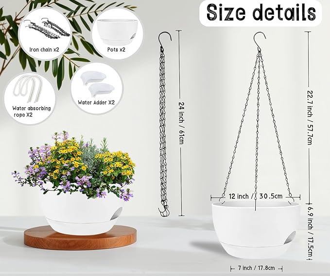 2 Pack 12 Inch Self Watering Hanging Planters for Indoor Plants, Large White Plastic Hanging Pots with Chains for Outdoor Patio Garden Home Decor White
