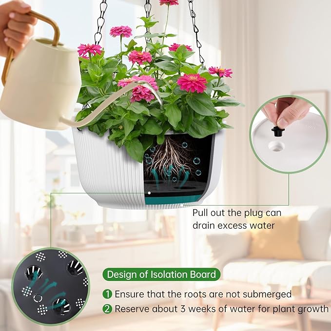 8.8 Inch Hanging Planters for Outdoor Indoor Plants, Set of 2 Self-Watering Hanging Pots with Drainage Hole & Plug II Screw-in Hooks II Non-deforming