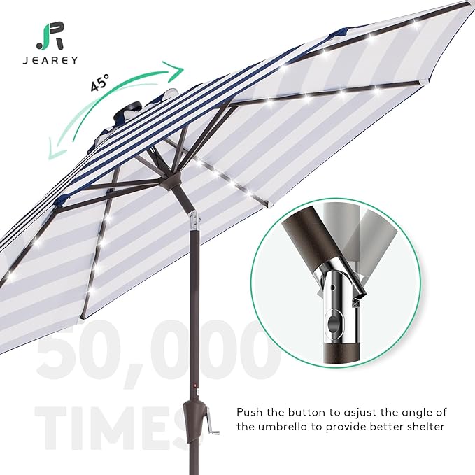 JEAREY 9FT Outdoor Patio Umbrella with Solar Lights, LED Lighted Pool Umbrella with Tilt and Crank, Outdoor Table Umbrellas for Deck, Yard & Market (Blue White Striped)