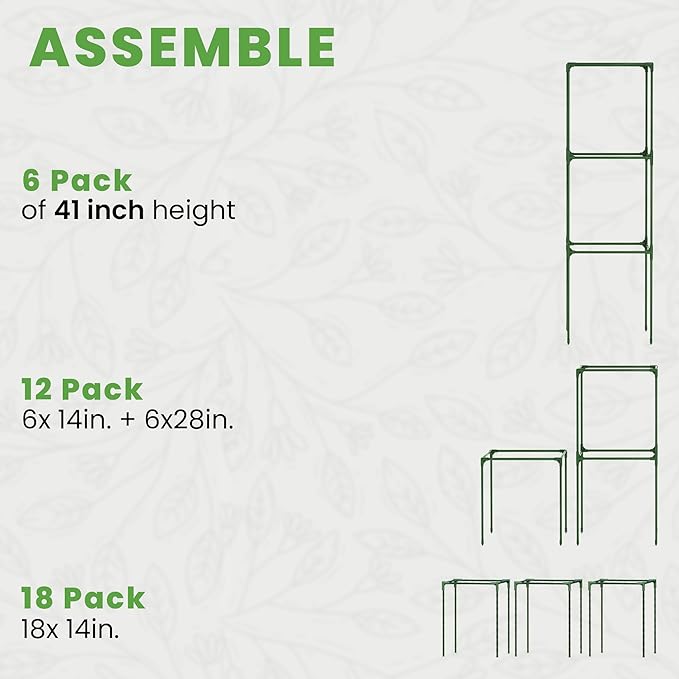 Tomato Cage Square - Large Trellis Stakes and Plant Support Structures for Vegetables and Climbing Plants - Tall Tomato Cages for Garden, Pots, Raised Garden Bed Outdoor Supplies (6 Pack - Up to 41")