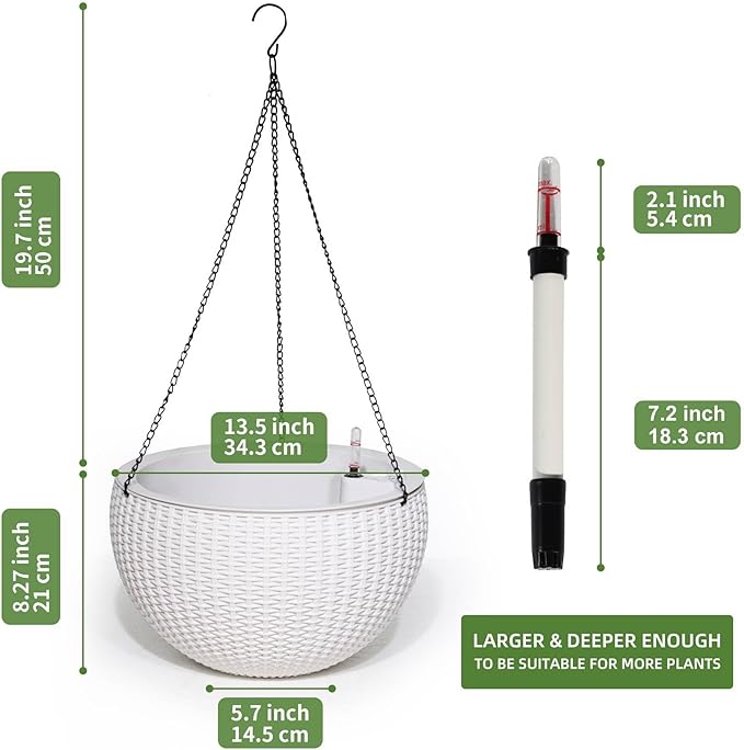 Dexceder 13.5 Inch Large Self Watering Hanging Planters Indoor Outdoor, Thickened Hanging Basket Flower Plant Pot with Water Level Indicator (White)