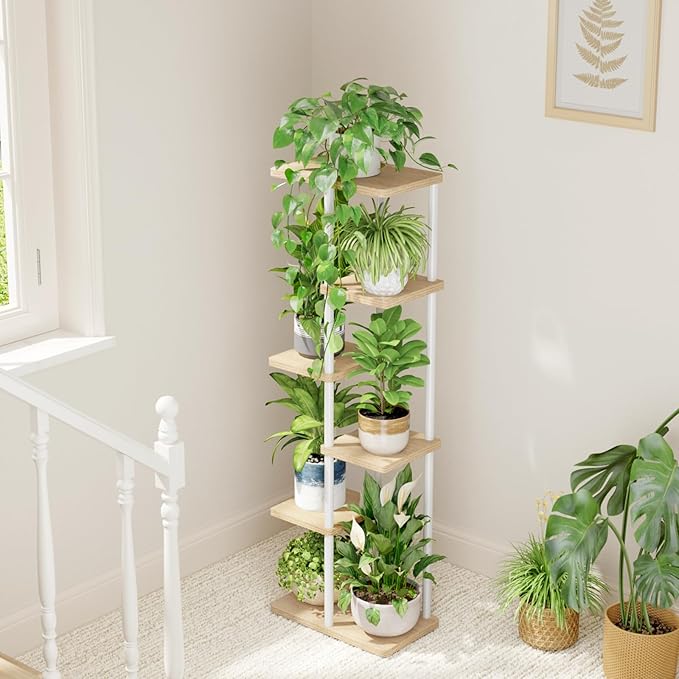 Bamworld Tall Plant Stand Indoor 6 Tier Plant Shelf for Multiple Plants, Tiered Flower Pot Stands for Patio Garden Balcony Living Room Bedroom, White