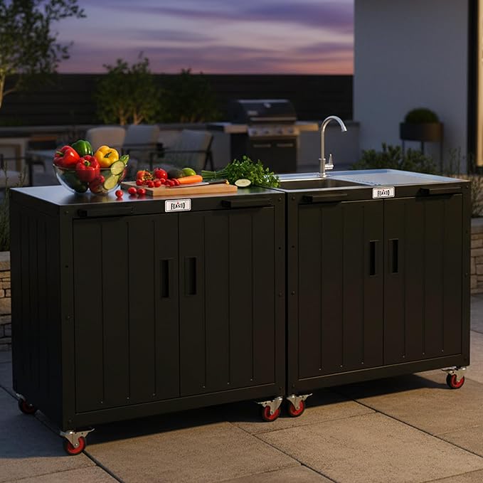 Outdoor Grill Cart with Storage Cabinet and Stainless Steel Top, 35-Inch Outdoor Grill Station with Door, Modular Kitchen Island for Food Prep and BBQ, Black & Silver