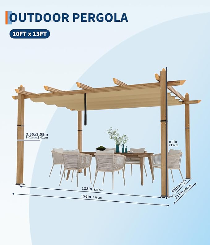 GarveeLife 10 x 13 ft Wood-Grain Outdoor Pergola with Retractable Canopy Sun Shade Shelter for Garden Patio Backyard Deck - Khaki