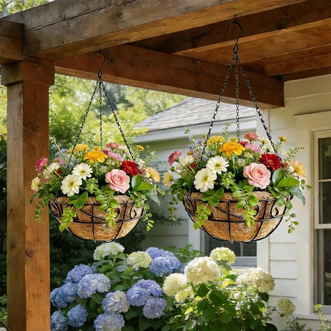 Hanging Planters for Outdoor Plants,2 Pack 12 inch Wire Hanging Baskets with Coco Coir Liner,Hanging Flower Basket for Indoor,Outdoor Garden Decoration