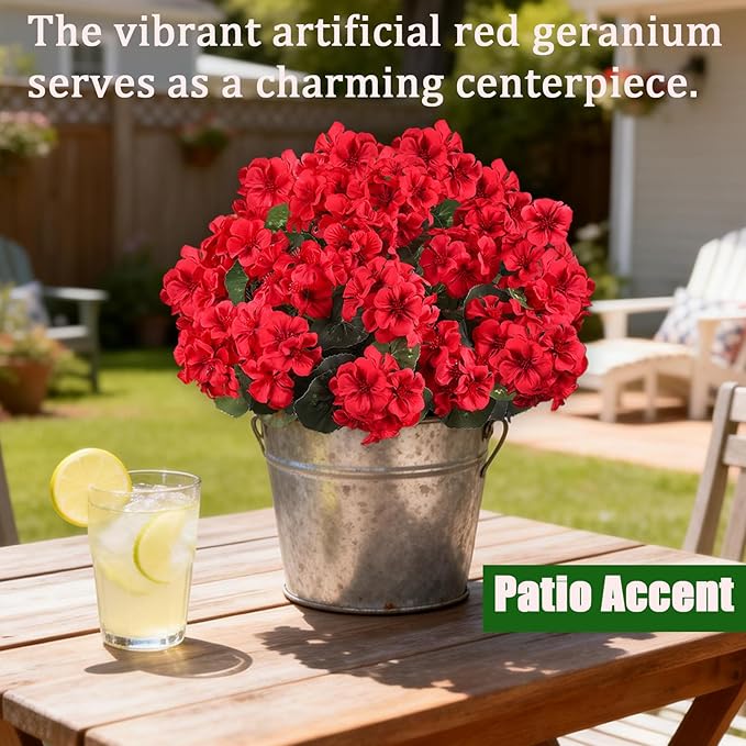 Artificial Flowers for Outdoors, 6 Bundles Realistic Silk Fake Red Geraniums, No Fade Faux Plastic Flowers for Outdoor Planters, Hanging Baskets, Window Boxes, Porch, Patio Decor