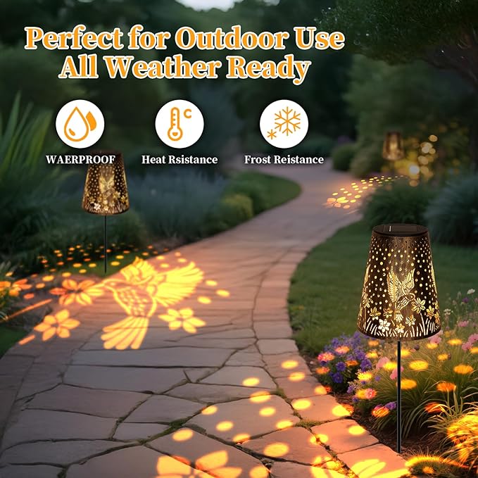 Solar Pathway Lights Outdoor, LED Bright Metal Retro Waterproof, Outside Decorative Hummingbird Lanterns Solar Powered for Path Lawn Patio Yard Walkway (Hummingbird 2P)
