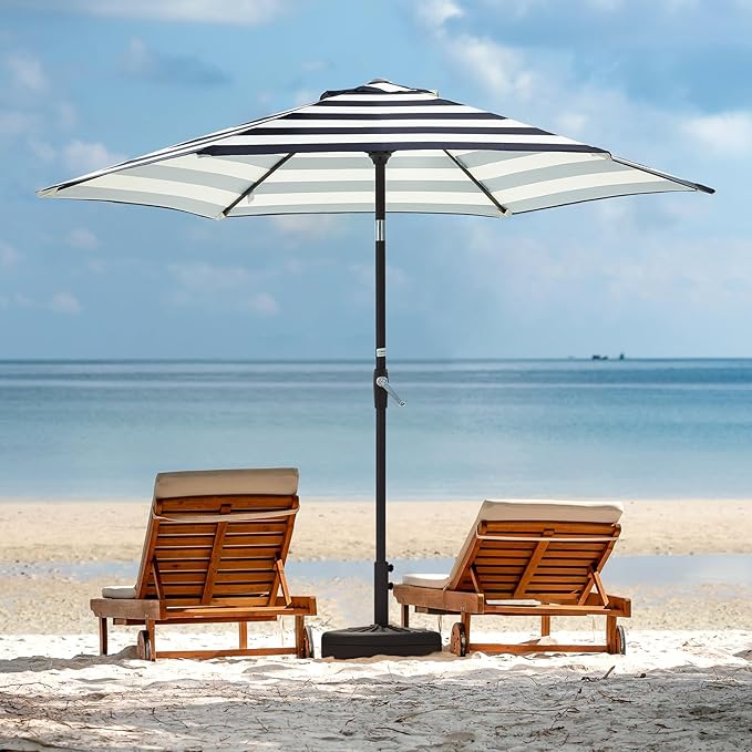 JEAREY 7.5FT Patio Umbrella Outdoor Market Umbrella with 6 Sturdy Ribs, Push Button Tilt/Crank Table Umbrella for Garden, Deck, Backyard and Pool, Beige & Black Stripe