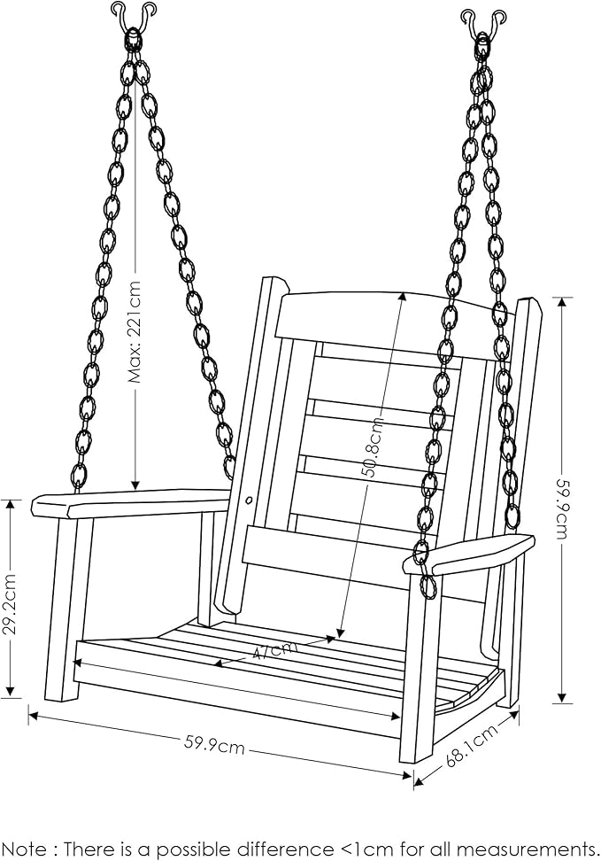 Furinno Tioman Hardwood Patio / Garden / Outdoor 2ft Porch Swing, 1 Seater with Hanging Chains, Natural