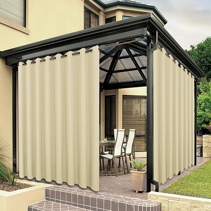 BONZER Outdoor Waterproof Curtains for Patio Wide Grommet Light Filtering Outside Curtains for Gazebo, Porch, Pergola, Pavilion, 1 Panel, 110W x 84L inch, Cream
