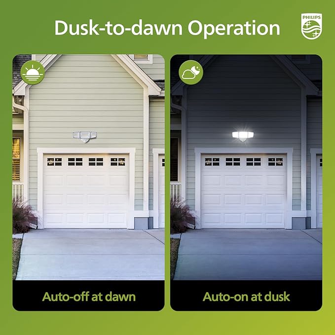 Philips 72W 7400LM LED Flood Lights Outdoor, Dusk to Dawn Aluminum Security Lights, 3 Adjustable Heads, Wall Mount, 5000K Daylight, Waterproof for Yard, Garage
