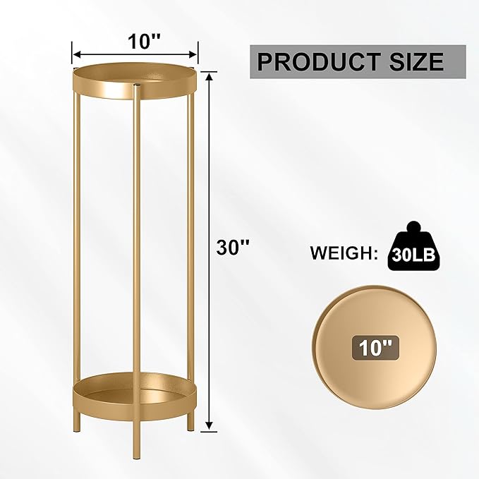 Metal Gold Tall Plant Stand Indoor or Outdoor - 30 inch 2 Tier Modern Corner Planter Shelf Rack with 2 Removable Display Shelves(10 inch) for Bedroom Living Room Balcony