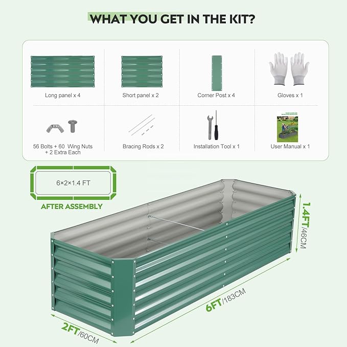 ZORMY 6×2×1.4ft Galvanized Raised Garden Bed Kit, Metal Planter Boxes Outdoor, High Raised Beds for Vegetables, Fruits, and Flowers - LotusGreen