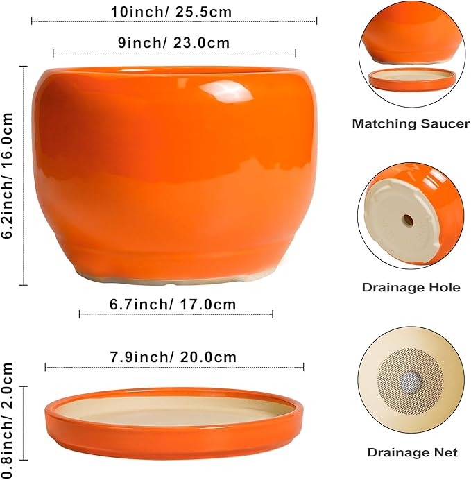 SQOWL Ceramic Planter - 10 Inch Plant Pot with Drainage Hole and Saucer, Round Modern Planter for Indoor Outdoor Plants, Decorative Large Flower Pot, House Decor, Gifts for Women Men, Orange