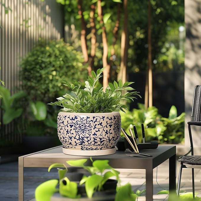 SQOWL 10 Inch Plant Pot Indoor - Ceramic Planter with Drainage Hole and Tray, Large Ceramic Flower Pots Outdoor, Porcelain Decorative Round Planter, Room Decor, Gifts for Plant Lovers, Blue and Beige