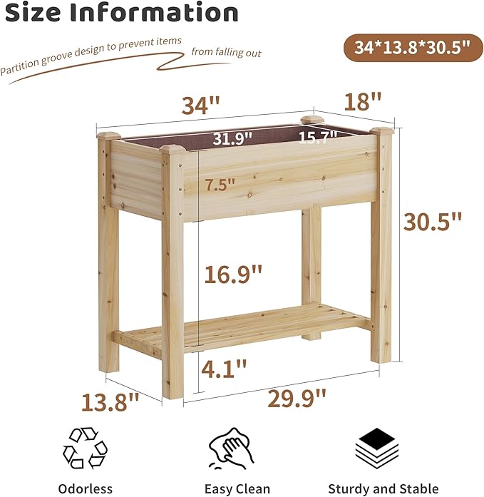 FILWH Raised Garden Bed with Legs Elevated Wooden Planter Box Stand Large Planter Stand Box for Fruits Vegetables Flowers with Divider with Bag - 34x18x30.5IN