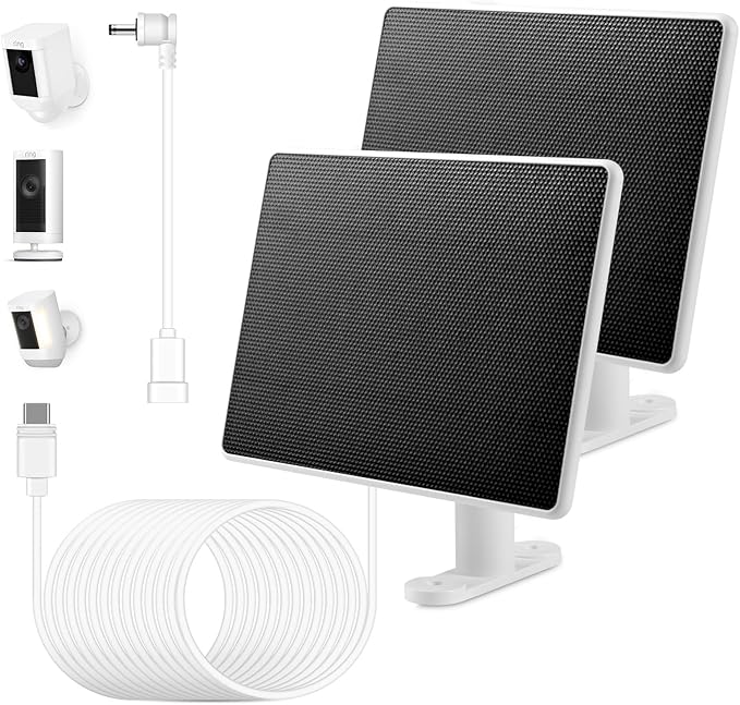 Solar Panel for Ring Camera, 2 Pack 6W Solar Charger Compatible with Rings Spotlight Cam/Plus/Pro/Rings Stick Up Cam Batterys, 10ft Long Cable with USB-C to Ring Barrel Plug Adapter