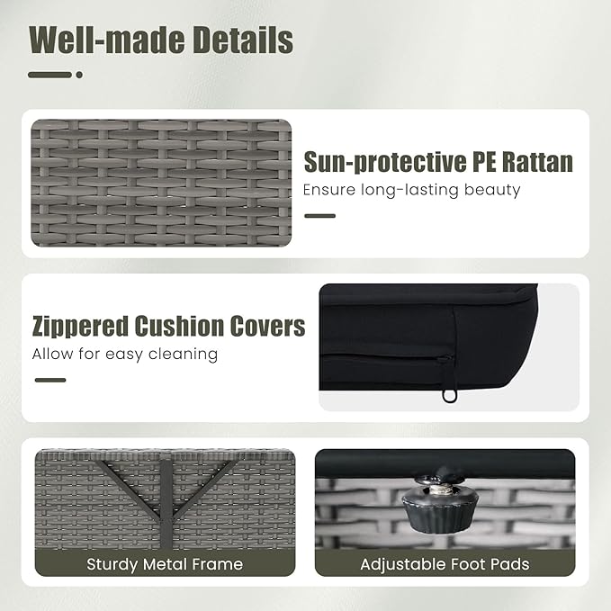 Tangkula Patio Rattan Daybed with 4-Level Adjustable Backrest, Outdoor PE Wicker Loveseat with Storage Ottoman & Folding Side Table, Double Sunbed for Balcony, Backyard & Poolside, Black & Grey