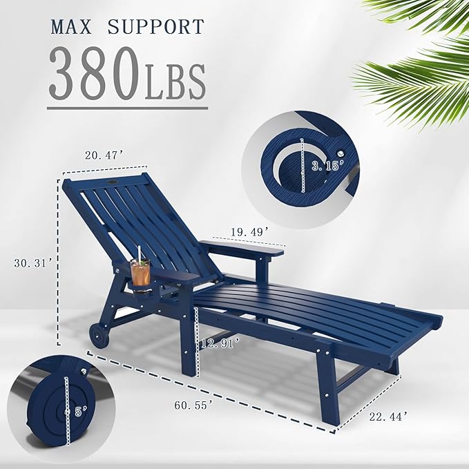 Patio Chaise Lounge Chair, Oversized Lounge Chair Outdoor with 5 Positions, HDPE, Patio Lounge Chair with Wheels & Cup Holder for Pool, Deck, Poolside,Navy Blue