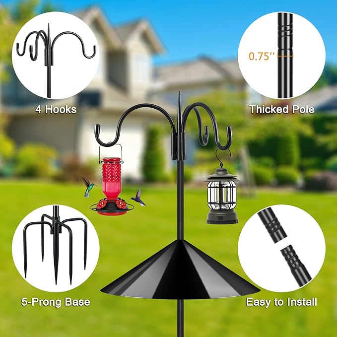 FEED GARDEN 92" Squirrel-Proof Bird Feeder Pole - Heavy-Duty Shepherd's Hook with 3 Hooks, 5-Prong Base & 19" Baffle for Outdoor Feeders & Plants