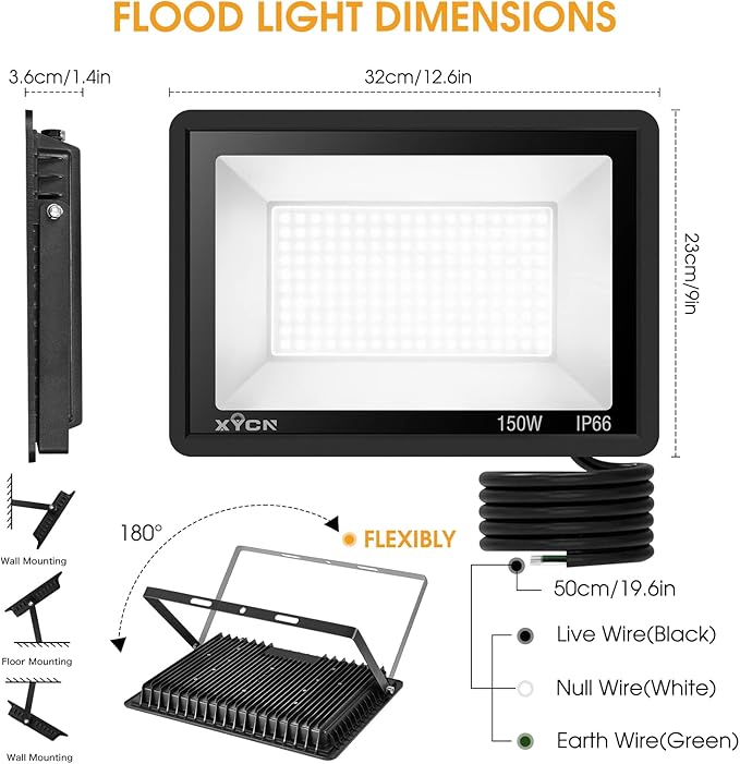 150W LED Flood Light Outdoor,2 Pack 15500LM Super Bright Security Light,IP66 Waterproof Floodlight,5000K Daylight White LED Exterior for Basketball Court, Stadium, Playground