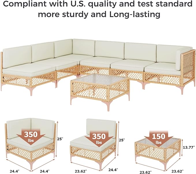 LYNSLIM Outdoor Patio Furniture Set, Wicker Outdoor Sectional Set, Boho Patio Conversation Sectional Sofa with Large Tempered Glass Coffee Table and Waterproof Cushion (7-Piece Thickened)