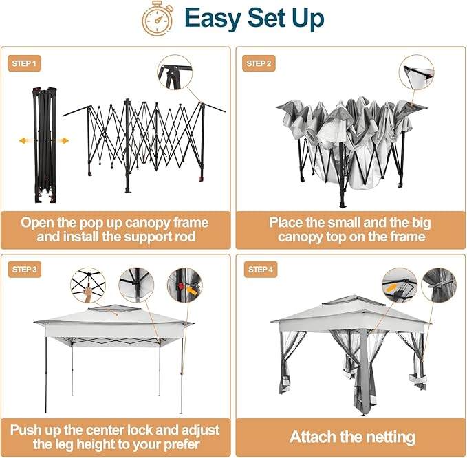 COBIZI 11x11 Pop Up Gazebo Canopy Tent Easy Up Outdoor Gazebo Waterproof Upgrade Portable Gazebo with Mosquito Nettings, Double Vented Roof and Carry Bag for Patio Garden Lawn(Gray)