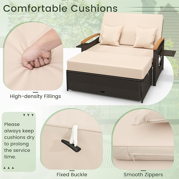 Tangkula Patio Rattan Daybed with 4-Level Adjustable Backrest, Outdoor Wicker Loveseat with Acacia Wood Armrest, Storage Ottoman & Folding Tray, Double Sunbed Lounger for Balcony, Backyard & Poolside