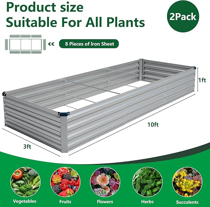 Vengarus 10x3x1FT (2 Pack) Galvanized Raised Garden Bed Kit, Outdoor Metal Planter Box for Vegetables, Rectangular Steel Container, Easy Assembly (Sliver)