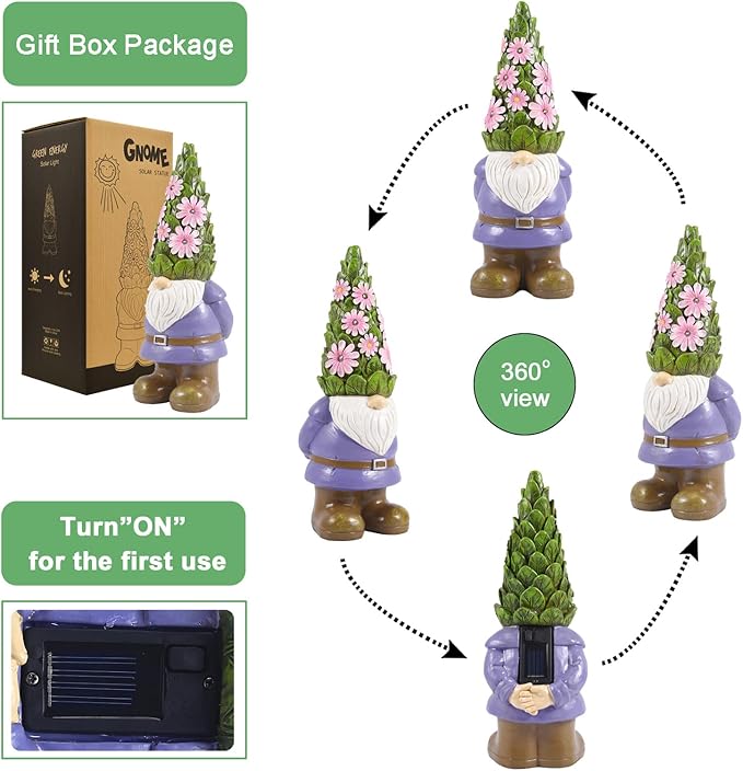 Nacome Solar Garden Outdoor Statues Gnome with Succulent and 7 LED Lights - Lawn Decor for Patio, Balcony, Yard Ornament - Chrismtas Gifts for Mom Grandma