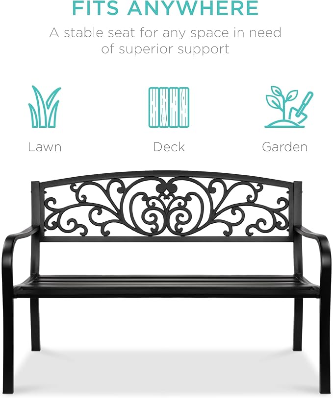 Best Choice Products Outdoor Bench Steel Garden Patio Porch Furniture for Lawn, Park, Deck w/Floral Design Backrest, Slatted Seat - Black