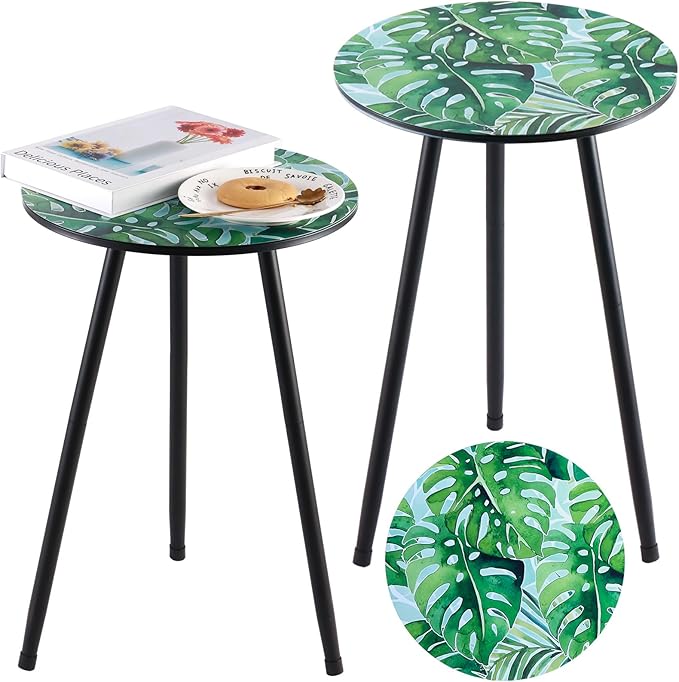 Metal Outdoor Side Tables Set of Two Small Outside Round End Table for Patio Modern Accent Garden Corner Table for Small Spaces, Balcony, Porch, Weather-Resistant, Plant Stand Indoor, Green Leaves