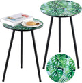 Metal Outdoor Side Tables Set of Two Small Outside Round End Table for Patio Modern Accent Garden Corner Table for Small Spaces, Balcony, Porch, Weather-Resistant, Plant Stand Indoor, Green Leaves