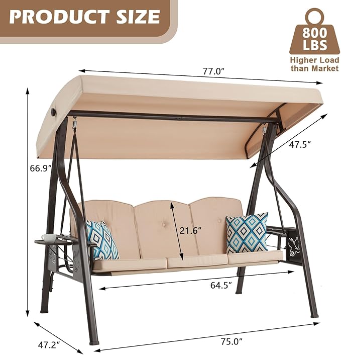 3-Seat Outdoor Porch Swing with Stand, Patio Swing with Canopy, 2 in 1 Porch Swing Bed & Patio Swing Chair for Adult, w/Extra Pillows and Cup Holder for Yard