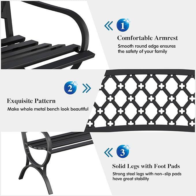 On Shine 50'' Patio Garden Bench, Loveseats Patio Park Bench,Black Steel Cast Iron Frame Bench,Metal Bench Outdoor for Porch Yard Lawn Deck (Grid)