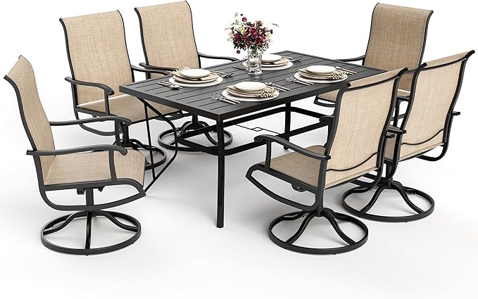Pamapic 7-Piece Patio Dining Furniture Set with Swivel Chairs, Outdoor Table & 6 Textilene Chairs for Garden, Backyard, Pool, Deck, Beige
