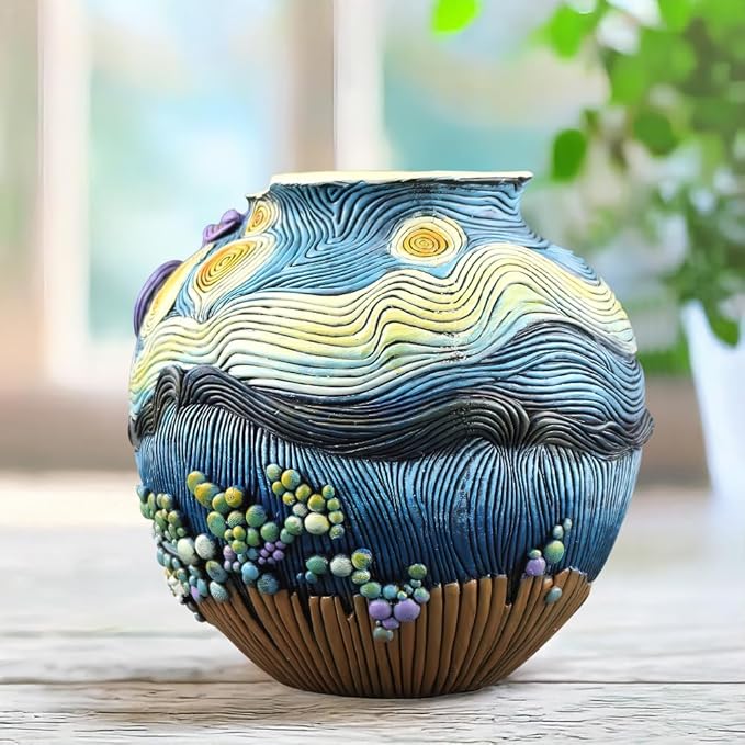 TOZLU Picasso Brutalist Beauty Face Flower Pot Ornaments Flower Pots Head Planter Pots Container Colorful Face Art Resin Flower Pot (Starry Night Flower Pot)