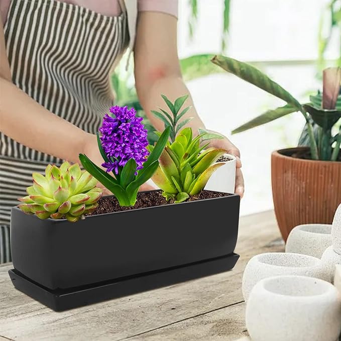 Vencer 14 Inch Rectangular Modern Minimalist Ceramic Succulent Planter Pot - Window Box with Saucer,Office Desktop Potted Stand,Black,VF-0175B