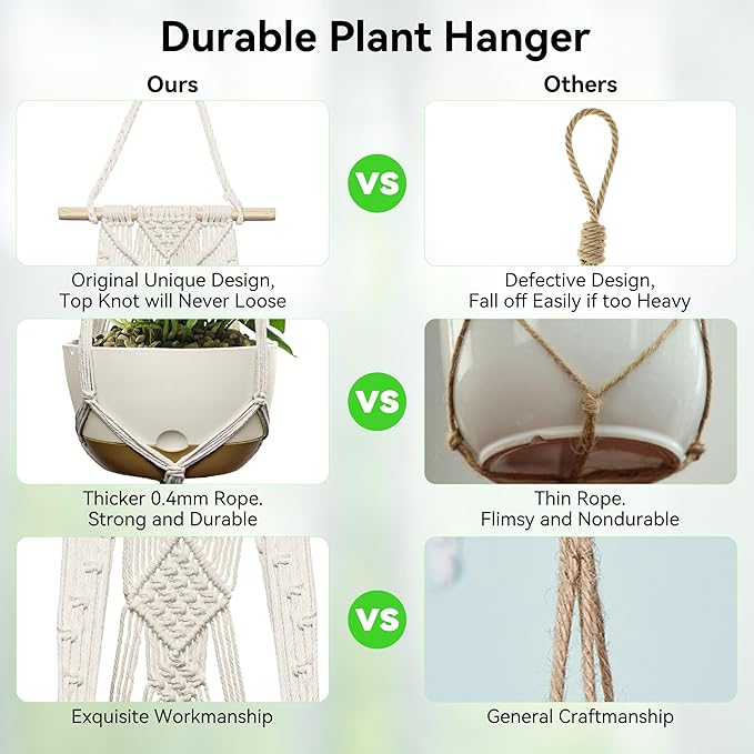 USLAI Macrame Plant Hanger Indoor Outdoor, Fits 4 to 12 Inch Pots, Hanging Planter Holder with Dowel Rod and Tassels, Boho Home Decor, 47+47 Inch, Ivory (POTS NOT Included)