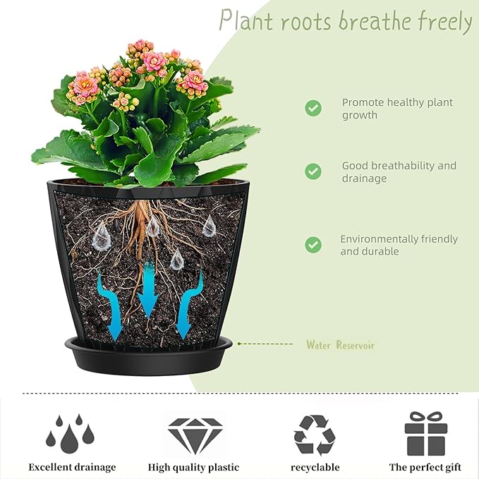 4 Inch Plant Pots, 6 Pack Indoor Flower Pots, Planters with Drainage Holes and Trays for Orchids, Violets, Succulents, Herbs, and Other Plants, Black