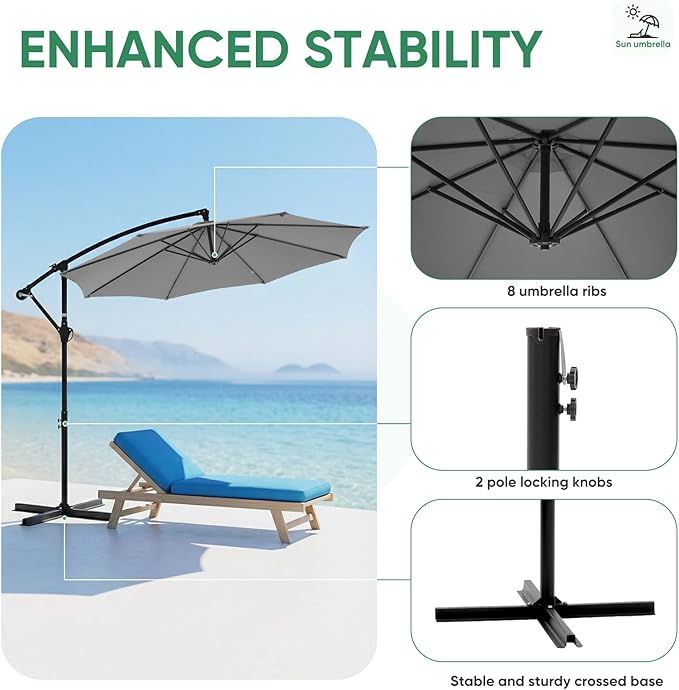 NEWBULIG 10FT Patio Umbrella, Offset Cantilever Outdoor Patio Table Umbrella, UV Protection, Fade Resistant Fabric, Easy Tilt Adjustment for Pool, Deck, Garden, Backyard