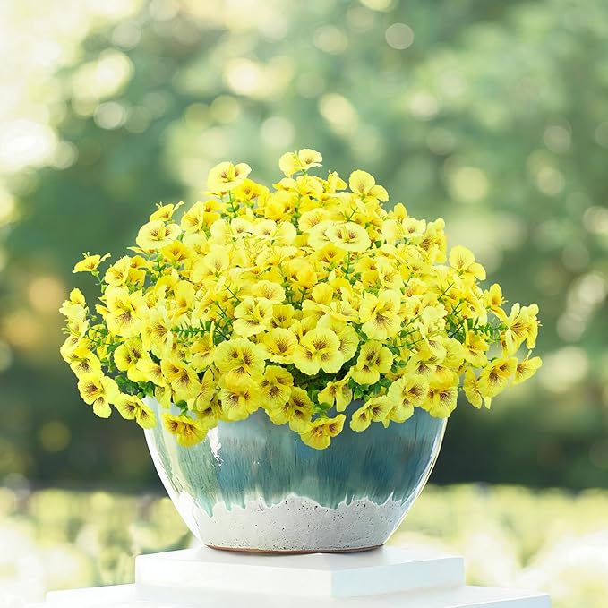 24 Bundles Artificial Pansy Flowers for Outdoor, Faux Silk Pansies Spring Flowers Outside for Planter Front Door Porch Patio Yard Window Box Home Decor (Yellow)