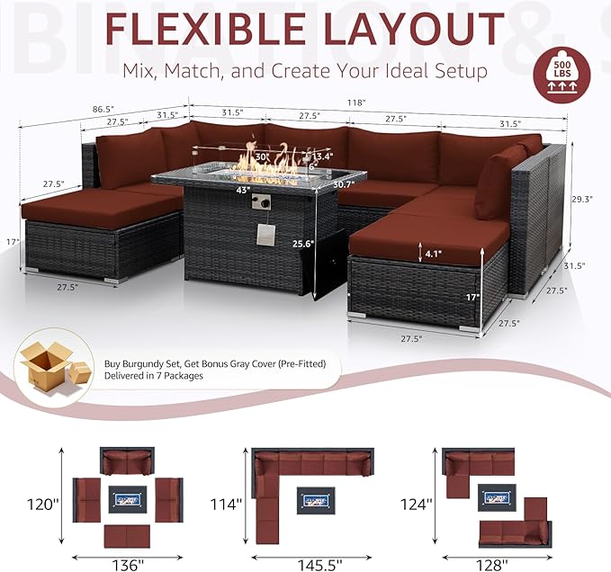 NICESOUL 9 Piece Extra Large Outdoor Patio Furniture Set with Firepit Table Natural Gas/Propane, 29.3'' High Back Gray Wicker Sectional Sofa, Deep Sitting Conversation,2 Color Cushion Burgundy & Gray