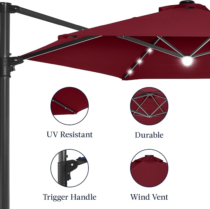Best Choice Products 10ft Solar LED Offset Cantilever Hanging Market Patio Umbrella, Smooth 360° Rotation, 8 Sturdy Ribs, Easy Adjustment - Burgundy