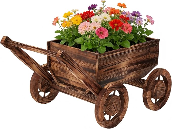 Wooden Flower Cart with Wheels Wooden Wagon Planter Outdoor Garden Planter Decor Planter Kit for Patio Balcony Trolley Decoration Succulent Flower Pot, Indoor Backyard Balcon Decor（Small）