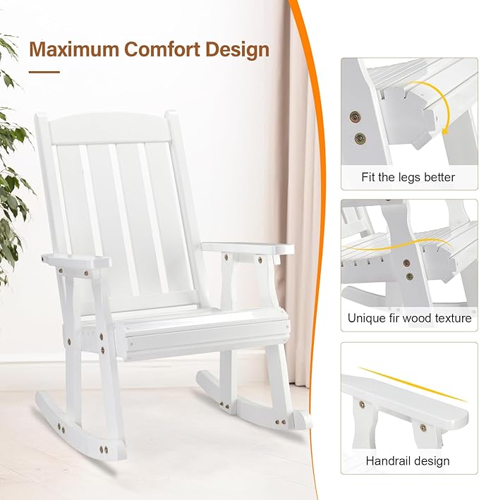 VINGLI Heavy Duty 600 LBS Outdoor Wooden Rocking Chair with Higher Backrest,Patio Rocking Chair with Ergonomic Design, Weatherproof Outdoor Rockers Suit for Patio, Garden, Balcony, Yard, White
