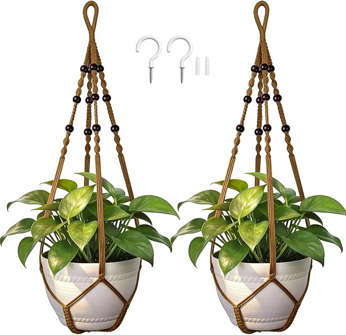 Macrame Plant Hanger, Up to 4-15 inch Pots, Wood Beads Cotton Hanging Planter Holder for Indoor Outdoor Boho Home Decor, 35 Inch, Set of 2 (Brown)